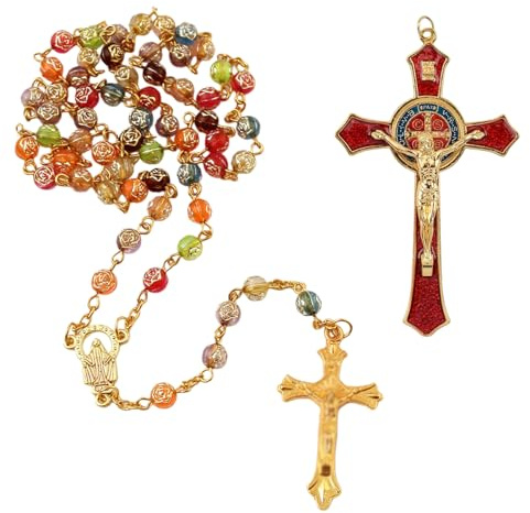 Jesus Christus Kreuz Set,Kruzifix Wandkreuz,1 Kreuzkette + 1 Jesus-Kreuz-Wandbehang,Wunderschön Jesus Kette,Rosenkranz Katholisch Gold für Familiengebete, Inneneinrichtung katholische Taufen Geschenke