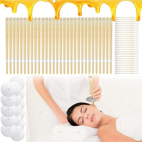30 Piezas Velas para Los Oídos, kit para eliminar la cera, velas para los oídos de cera de abeja 100% natural para el cuidado de la salud, incluye discos y bastoncillos de algodón