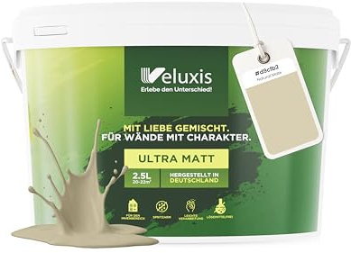 Veluxis® Peinture murale verte pour intérieur - 2,5 litres, classe d'opacité 1, sans traces, anti-gouttes, écologique, sans COV - (Natural Mate)