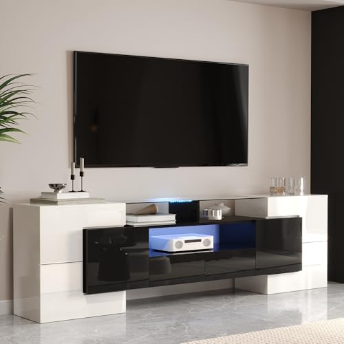 VSOGA Meuble TV élégant en blanc brillant et noir – Meuble bas de 200 cm avec éclairage LED, design moderne, surface en verre élégante