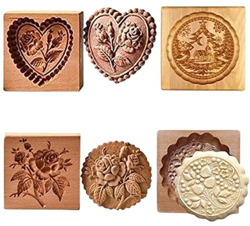 4 moldes de madera para galletas, tallado en 3D, 4 patrones diferentes, moldes para galletas de mantequilla, sellos de antiadherentes de 3, 9 pulgadas, reutilizables para hornear gal