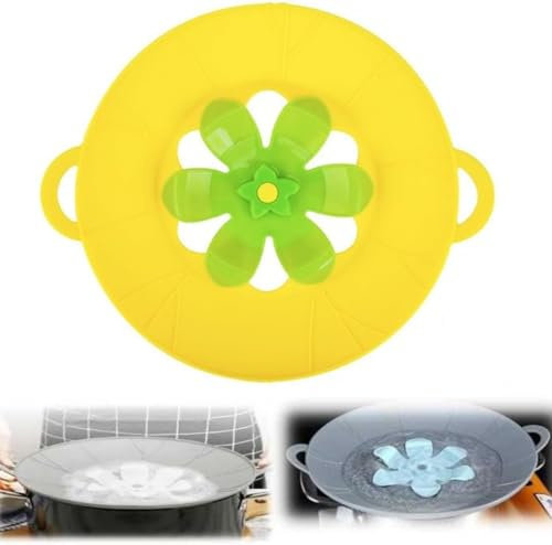 Silicone Boil Over Spill Stopper Lid, Reusable Heat-Resistant Lid Boiling Kitchen Safeguard, Multi-Function Grey Pan Cover with Mint Flower Design (Yellow, Large (29cm))