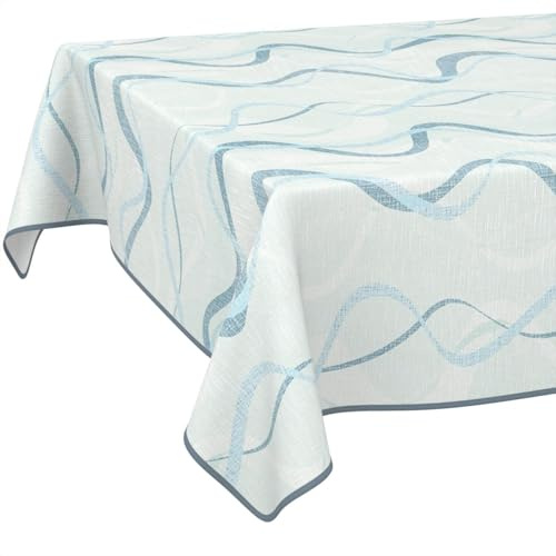 Vaxduk bordsduk tvättbar lättvårdad vattenavvisande lotuseffekt utomhus vaxduk trädgårdsbordsduk vågor blå 240 x 140 cm med fåll (kantad