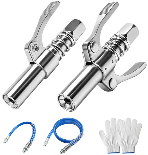 2 Pièces Embout Pompe à Graisse avec Tuyau (30cm & 60cm) et Gants Blancs | Raccord de Pistolet à Graisse, G Coupleur Auto-Verrouillant, pour Tous Types de Presses à Graisse