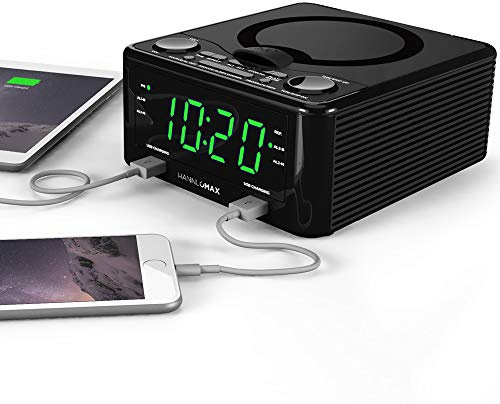 HANNLOMAX HX-300CD Top Loading CD Player, PLL FM Radio, Digital Clock, Dual Alarm, 1.2 Green LED Display, Dual USB Ports for 1A and 2.1A Charging, Aux-in, AC/DC Adapter Included (Black)