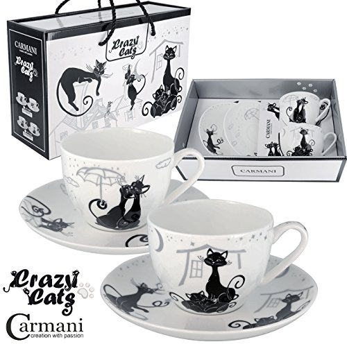 CARMANI - Schick Tee-Tasse und Untertasse Satz von 2 mit 'Verrückte Katzen' 200ml