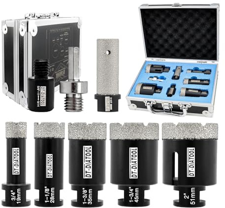 DT-DIATOOL 8Pk/Kit Diamond Drill Bits Set for Porcelain Tile - Vacuum Brazed Hole Saws Mixed Size Plus 3/8 Hex and M14 Adapters
