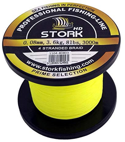 Stork HD, 4-Fach geflochtene Angelschnur 3000m (Fluo Gelb, 10 lbs / 4,5 kg / 0,11 mm)
