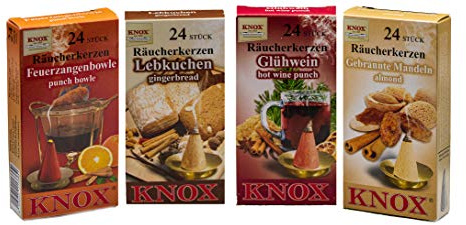 KNOX Räucherkerzen - 4er Set Größe M - Weihnachtsmarkt - Lebkuchen, gebrannte Mandel, Glühwein, Feuerzangbowle - 4x24 Stück - Made in Germany