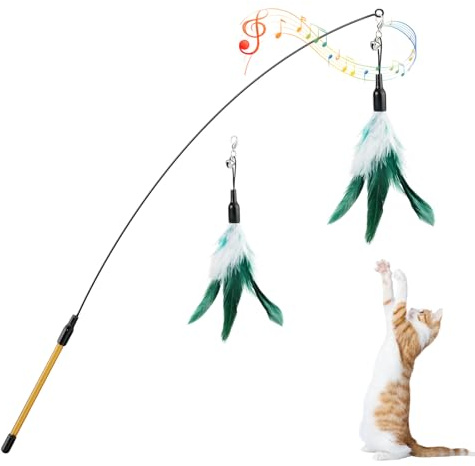 Pawaboo Cat Toy - Interactive Cat Fishing Toy Cat Toy Stick Cat Toy Stick with Feathers and 88 cm Rod and Bells for Kittens or Cats, White and Green
