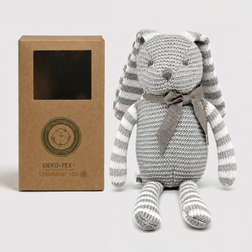 FLUFFYFUN 100% Bio-Baumwolle Kuscheltier Baby Hase Grau 18cm - stofftier für Neugeborene