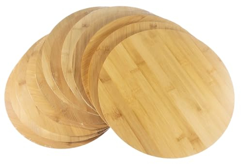 Set of 12, Bulk 12 Round Bamboo Serving Trays – Wood Blank Cheese Platters, Pizza Trays, Charcuterie Platters, Cutting Boards for Engraving, Resin Art, DIY Gifts, or Rustic Home Decor