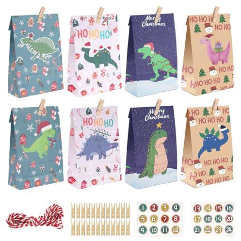 24 Adventskalender zum Befüllen, Dinosaurier Motiv Adventskalender Kinder Weihnachtskalender Geschenk Papiertüten zum Selber Befüllen Kraftpapiertüten Advents Tüten Selbstbefüllen