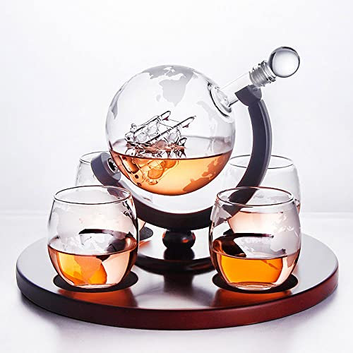 Braceletlxy Set de la Carafe de Whisky de Verre, Whisky & Wine Globe Globe Decanter 4 Verres de Whiskey Globe gravé, Accessoires à Barres d'acier Inoxydable Enconnaissement