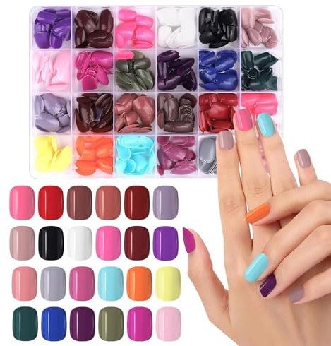 576 Pieces Colorful Short False Nails Round EBANKU Fake Nail Full Cover Artificial Acrylic Tips Press on Nails for Women Girls DIY Nail Art Design (24 Colors)