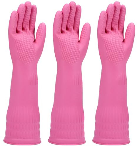 Gummi-Spülhandschuhe, 3 Paar für die Küche, Reinigung von Geschirrhandschuhen, lang für den Haushalt, wiederverwendbar, langlebig. (groß, rosa)