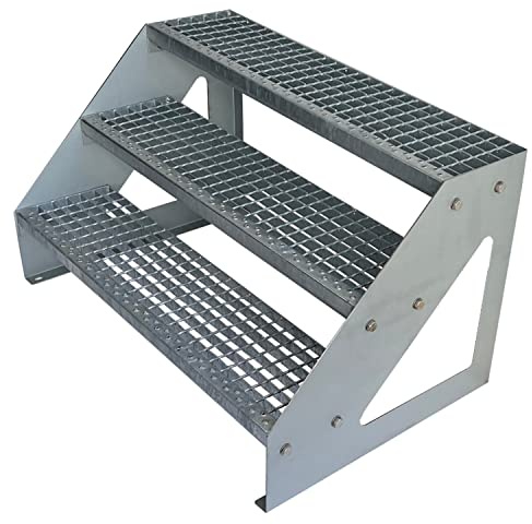Kaminbau Mierzwa Premium Stahl Treppe Freistehend Verzinkt 3 Stufen (Breite 80 cm) (Höhe 57 cm) Wetterfest Gitterroststufe Gartentreppe