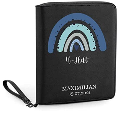 Organizer mit Namen personalisiert | Motiv Regenbogen Blue Sky | Familienorganizer Mutterpasshülle Dokumententasche U-Heft Unterlagen Impfpass (schwarz)