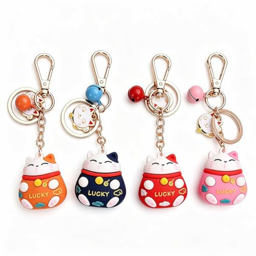 Hoshisea 4 Stück Lucky Cat Schlüsselanhänger, Winkekatze für Katzenschmuck, Schlüsselring Anhänger