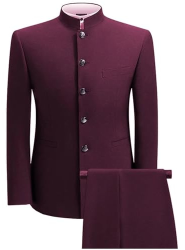 Wangyue Burgundy Suits for Men,Chinese Kung Fu Uniform,2 Piece Chinese Tunic Suits for Men,Dress for Wedding Party M