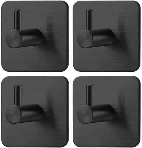 Drenky 4 Stück Klebehaken Extra Stark, Haken Selbstklebend Edelstahl SUS304 Wasserdicht Multifunktional Handtuchhaken Ohne Bohren mit Klebepads Für Badezimmer und Küche, Schwarz