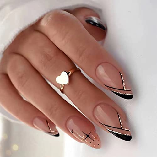 24pcs French Tip False Nails Short Oval Stick on Nails Black Edge Glitter Gold Press On Nail Removable Acrylic Full Cover Glue on Fake Nail Art Accessories for Women