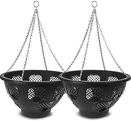 Original Easy Fill Set of 2 Hanging Basket - 14 Inch Black Hanging Planters for Balcony, Indoor, or Outdoor - Plastic Basket for Herb, Flowers, or Plants