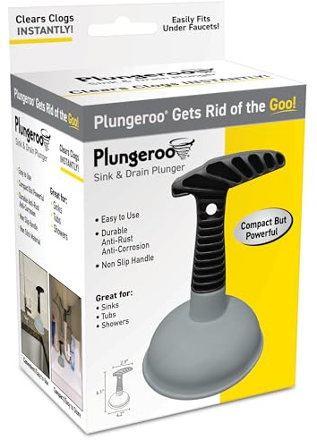 Plungeroo Sink Plunger, Powerful Mini Plunger with Short Handle, Easy-to-Use Unclogging Tool for Bathroom Drains, Shower, Bath, and Sink, Gray, (6.1 x 4.2 x 2.9 Inch)