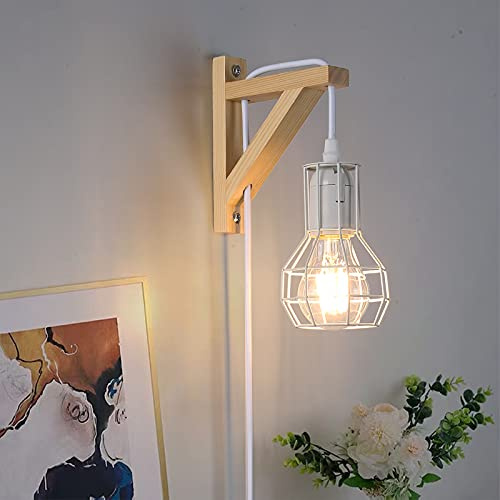 SUNLLOK Moderne Holz Wandleuchte mit Stecker Schalter, Vintage Rustikales Innen Wandlampe Verstellbare Hängende Wandhalterung, Industrie Lese Leuchten Deko für Wohnzimmer Kinderzimmer (Weiß)