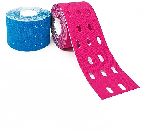 2 Rollen Kinesiologie Tapes Perforiertes Design Wasserfestes Elastisches Kinesiotapes Sport Physio Tape für Knie Schultern Ellbogen und Muskelaufbau 5cm x 5m Rot + Blau