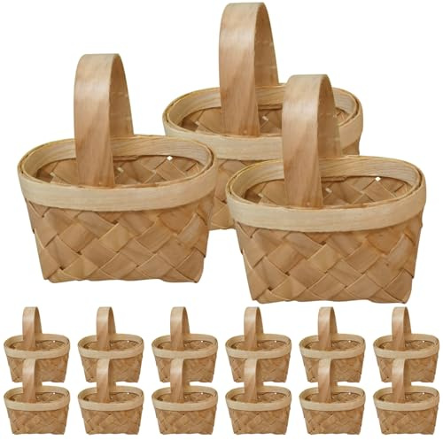 Wedhapy Mini-Körbe, Mini-Picknick-Korb, Mini-Korb mit Griff, 15 Stück, DIY-Holzsimulation, Puppenhaus-Miniatur-Korb, Mini-Körbe für Picknick, Süßigkeiten, Ostereier, Puppenhaus-Zubehör