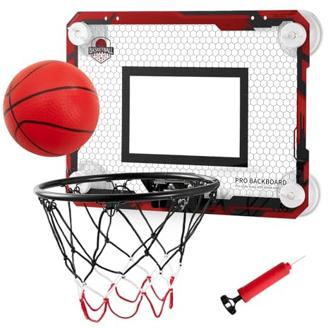 BOHEN Indoor Mini Basketball Hoops with Powerful Suction Cup, Stick to Windows, Wooden Doors, Smooth Walls - Basketball Backboard Toy Indoor Bedroom Office for Kids Teens Adults (Red Ordinary)