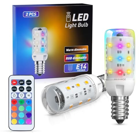 TobeBright Bombilla LED Colores E14 RGB Regulable 2W Blanco Cálido 3000K, RGB Bombillas LED Colores con Mando a Distancia Mini T20 Bombila Luz de Ambiente para Fiesta Bar Boda (2 Unidad)