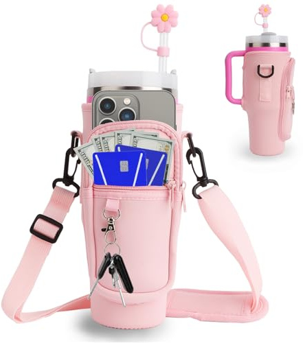 WALLFID Porta Bottiglia d'Acqua per Stanley 40oz Tumbler,con Tracolla Regolabile e Tasca per Telefono, Portaborraccia Zaino INC Neoprene con Cannuccia,per Camminate e Fitness(Rosa)