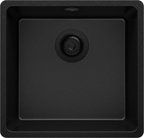 PRIMAGRAN Fregadero bajo Encimera al Mueble 50cm + Kit de desagüe, 46x44cm | Set: Kit de desagüe (sifón, válvula, rebosadero) + Venecia Easy 1 Seno para Cocina, Todo Negro