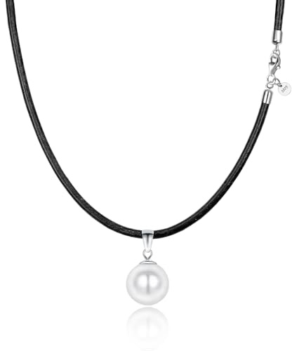 Viwind Perlen Leder Halskette für Damen Echtes Leder 45 cm 925er Silber Verschluss Anhänger Kette 12 mm runde Naturperle Muschelperle