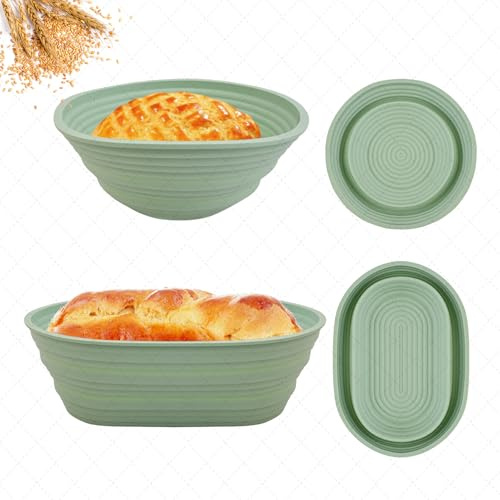 Suministros para hornear pan de masa madre, juego de 2 cestas de silicona Banneton a prueba de pan, cestas redondas de 9 pulgadas y plegables ovaladas de 10 pulgadas, kit de inicio de masa madre