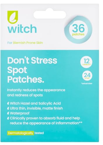 Witch Spot Patches - with Hydrocolloid; Salicylic Acid and Calming Witch Hazel to Promote Healing - Fast Acting - for Day and Night - 24 Medium - 12 Small Patches