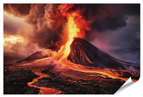 islandburner XXL Bild Poster Ausbrechender Vulkan, der heiße Lava ausspuckt, umgeben von dichtem weißen Rauch Premium Bilder Fotodruck