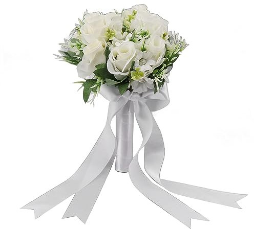 Tomotato Hochzeitssträuße für Bräute und Brautjungfern, Romantischer Rosen-Brauthochzeitsstrauß Künstlicher Rosen Werfen Brautstrauß für Hochzeit Heimdekoration (White)