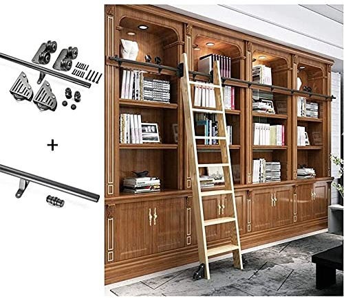Scala scorrevole per biblioteca da 3 m, kit hardware con rullo telescopico, tubo rotondo, ruote da pavimento mobili con freni, set completo per casa e ufficio, senza scala