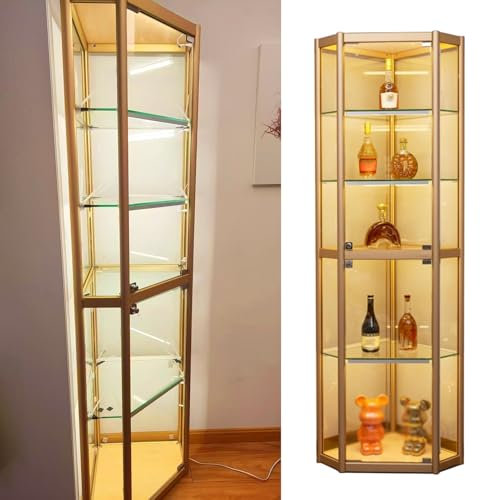 WWERTYY Goldfarbener Vitrine für die Ecke, verstellbare beleuchtete Eckvitrine aus Metall, Aufbewahrungsschrank für Wohnzimmer/Esszimmer, 5 Regale