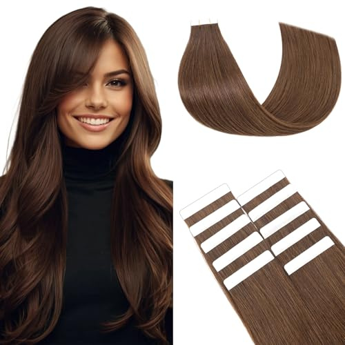 TESS Tape In Hair Extensions Real Human Hair Invisible Thin Type 10 Pcs 15G Lightweight For Highlight Straight Short - #04 Medium Brown - 12 Inch