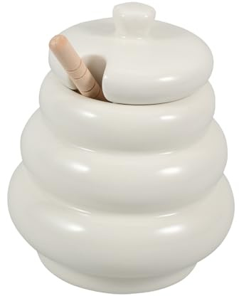 Alipis Tarro de 200ml para Decoración de Mesa y Cocina de Cerámica Blanco con Tapa y Cucharón de Madera con Diseño Único que Previene Derrames de Miel