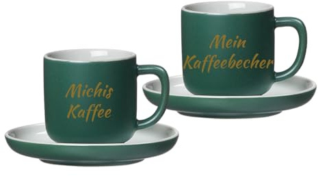 LUXENTU Personalisierte Espressotassen mit Untertassen Jasper 2er Set, 90 ml, Goldgefärbte Gravur auf Tassen, 2-zeiliger Gravurbereich für individuellen Text, Steinzeug, Grün