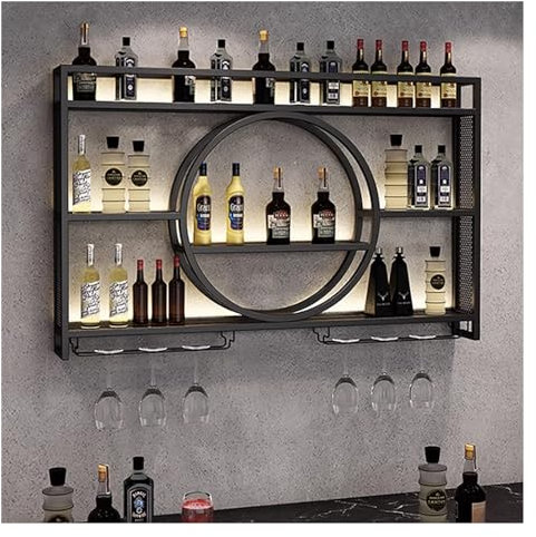 Moderno estante de vino montado en la pared con estantes iluminados por LED, elegante soporte de metal de hierro en dorado/negro para cocina, bar, bodega, licor, copas de vino, exhibición de botellas