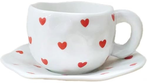 FülleMore Herz Muster Kaffeetasse mit Untertasse Niedliche Frühstückstasse 250ml Teetasse mit Unterteller unregelmäßiges Design Espressotasse für Büro Zuhause (Kleine-Herz)