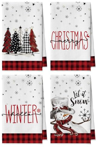 Artoid Mode Red Buffalo Plaid Snowflake Trees Merry Christmas Kitchen Towels Dish Towels, 42x65 cm Microfiber Cloth Kitchen Drying Decoration Set of 4