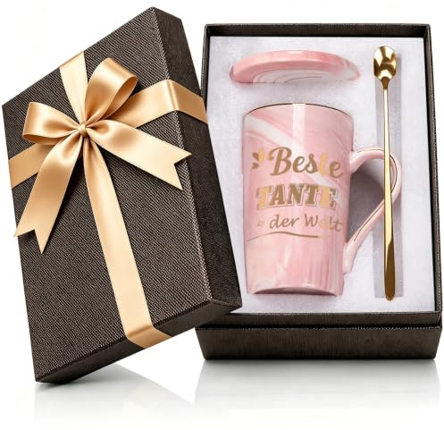 Geschenk für Tante – Beste Tante der Welt Tasse | 400 ml Keramik Marmorbecher mit Deckel, Löffel & Geschenkbox | Geschenkidee zu Weihnachten oder Geburtstag