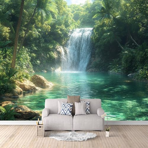 3D Photo Wallpaper Beautiful View of Waterfall in Green Forest 150(W) x105(H) cm Wall Mural Natural Scenery Non-Woven Peel and Stick Self-Adhesive Home Decoration Bedroom Kitchen Wall Paper